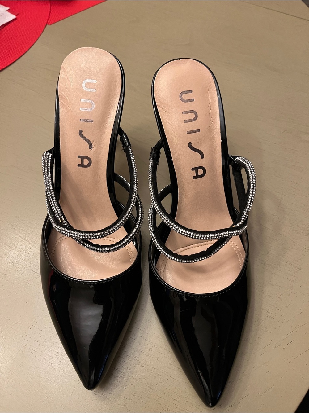 Unisa Black Patent Pointed Mules with Rhinestone Straps